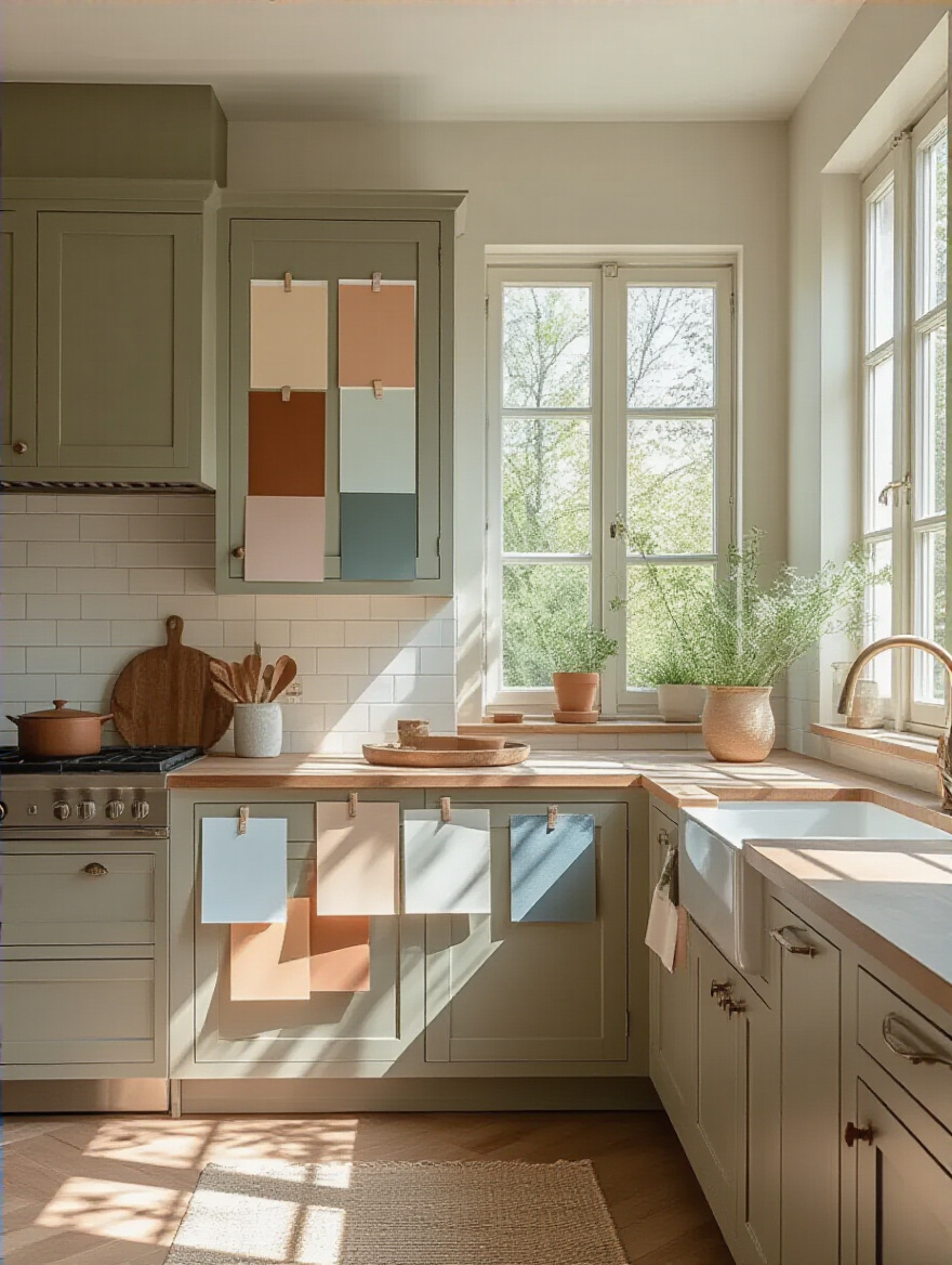 Kitchen cabinets displaying large color swatches in natural light for testing