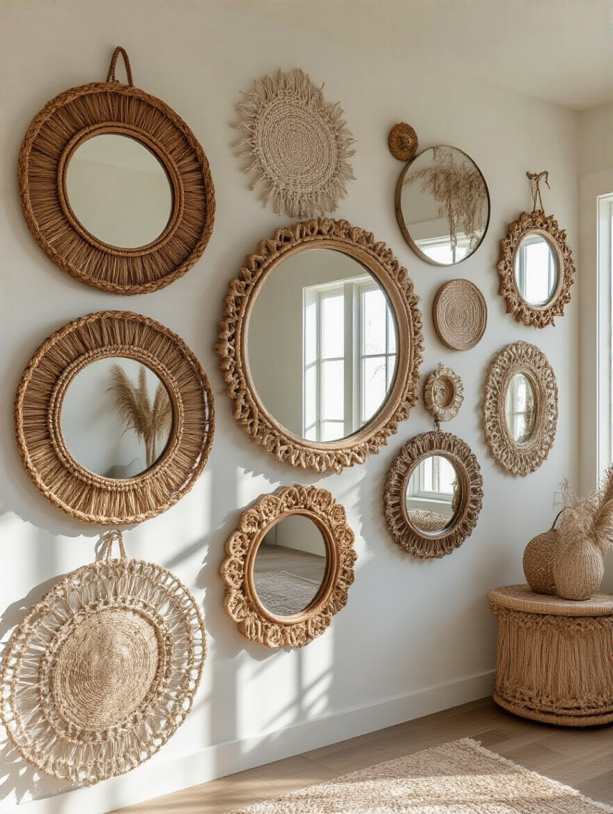 Cluster of diverse boho-framed mirrors arranged on a living room wall, reflecting natural light and creating an artistic bohemian focal point