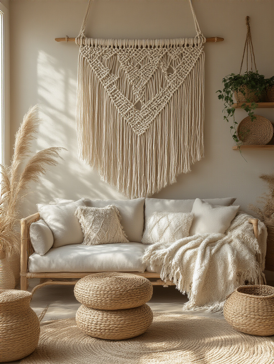 Boho living room featuring a large macrame fringe wall hanging above a sofa, with warm natural lighting highlighting the texture