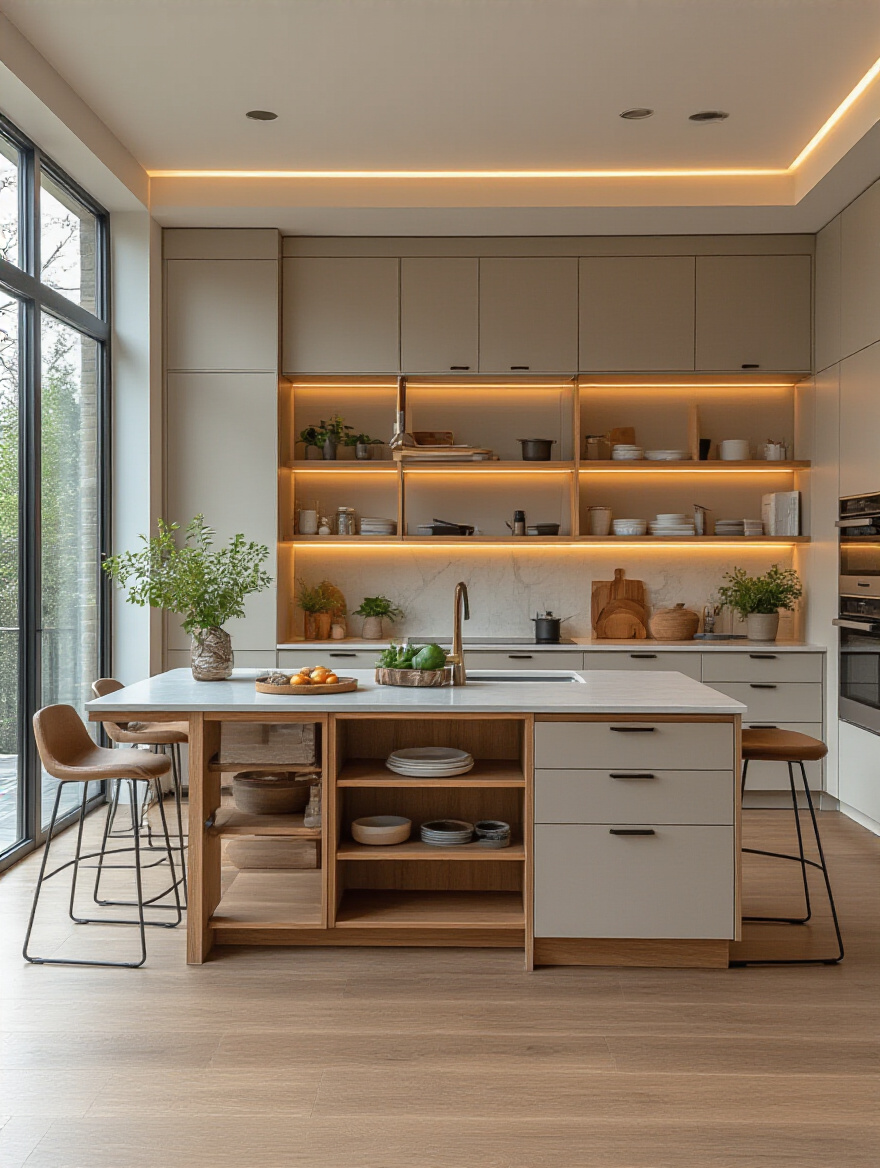 Modern kitchen featuring flexible furniture adaptability with modular island and adjustable-height cabinets in natural light