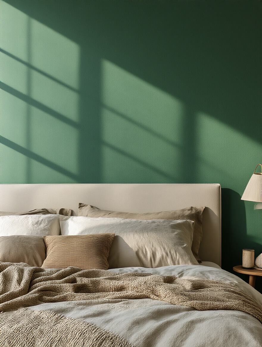 Bedroom featuring a dynamic accent wall painted in emerald green behind a minimalist bed.
