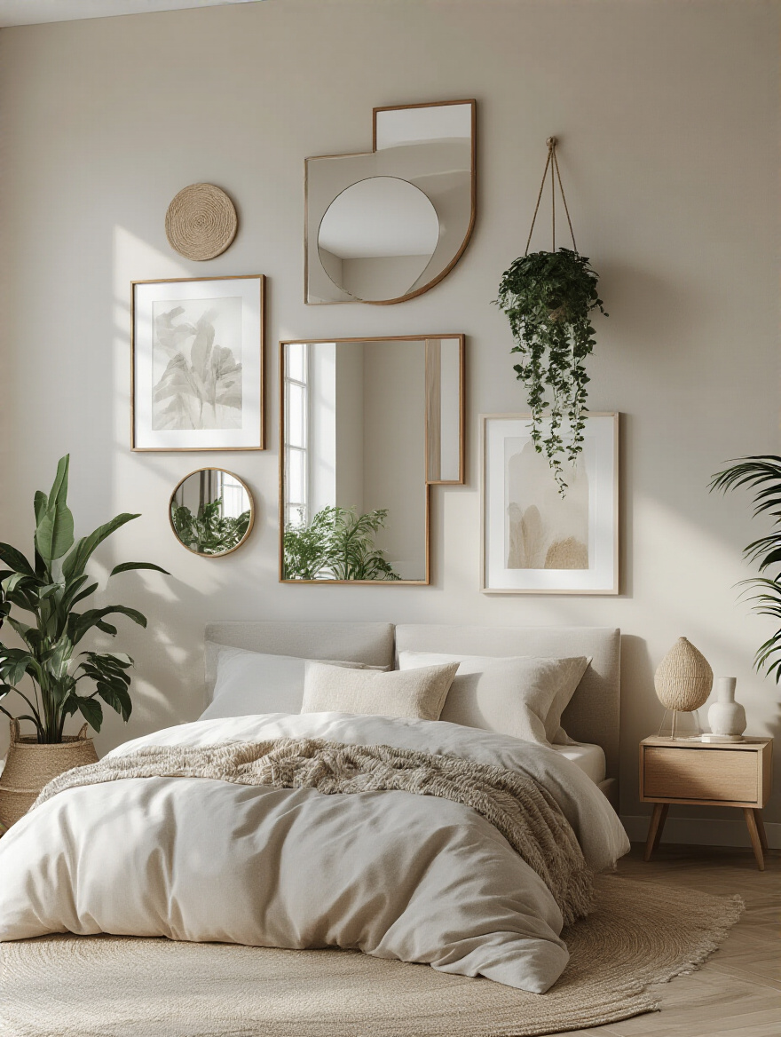 Modern bedroom wall with asymmetrical art arrangement
