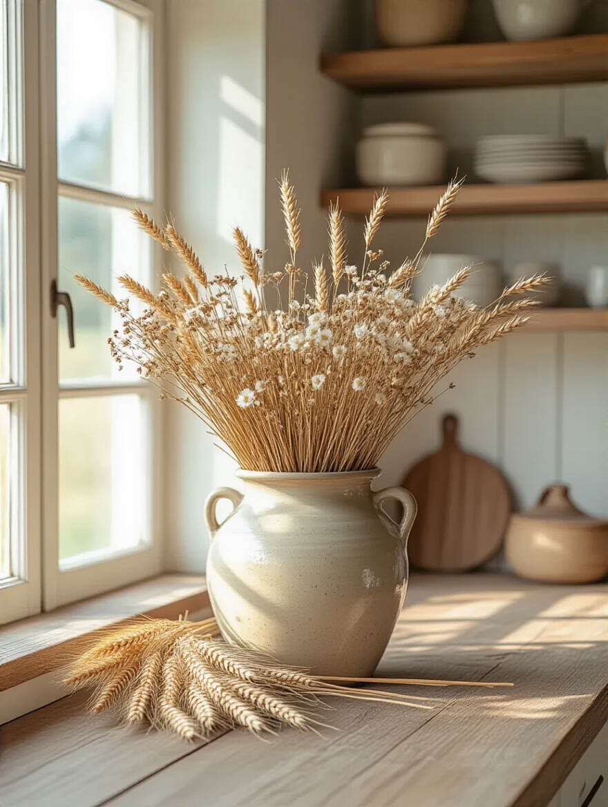 A vintage ceramic crock filled with dried flowers and wheat sheaves in a farmhouse kitchen setting.