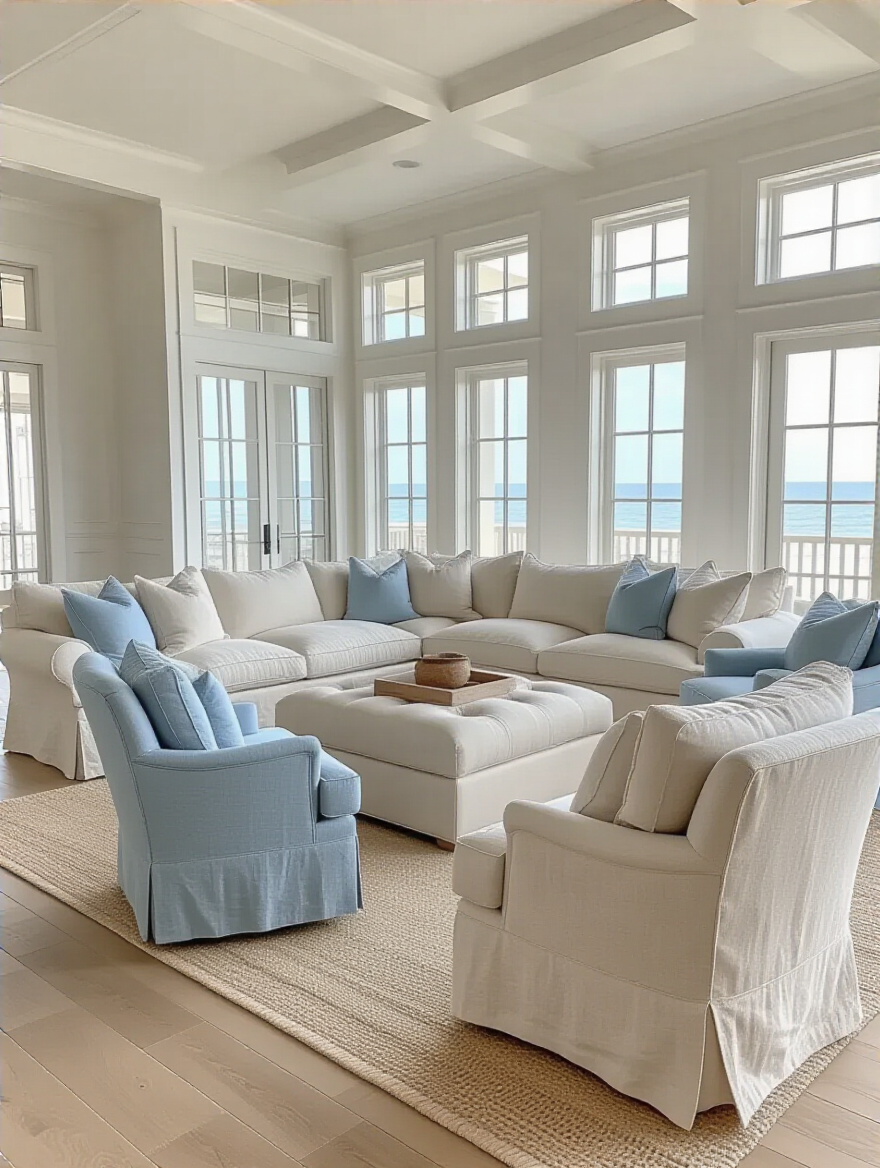 Coastal living room with comfortable seating arrangements featuring a sectional, armchairs, and an ottoman.