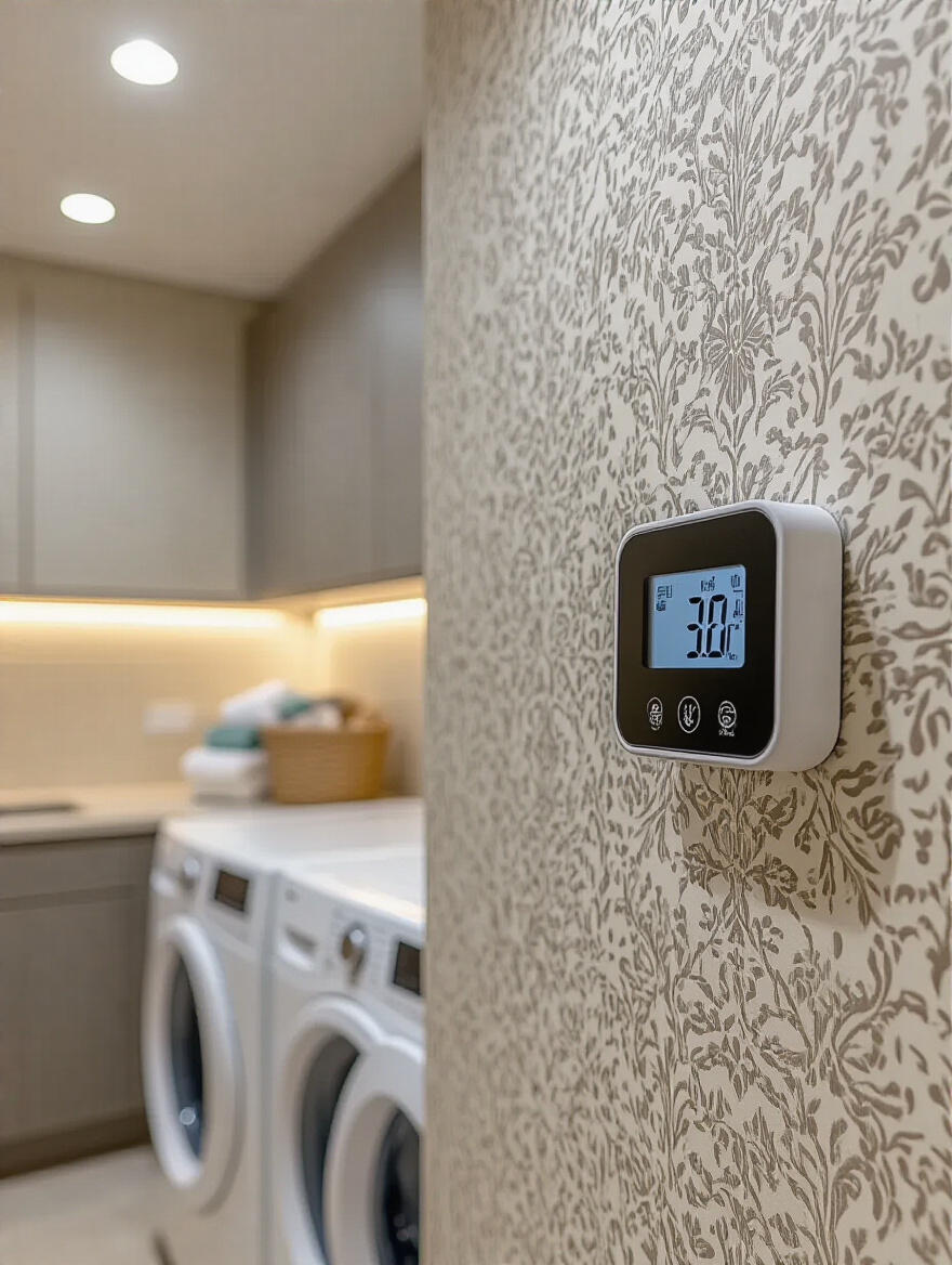 Digital hygrometer on a pristine wallpapered wall in a modern laundry room showing humidity monitoring for wallpaper longevity