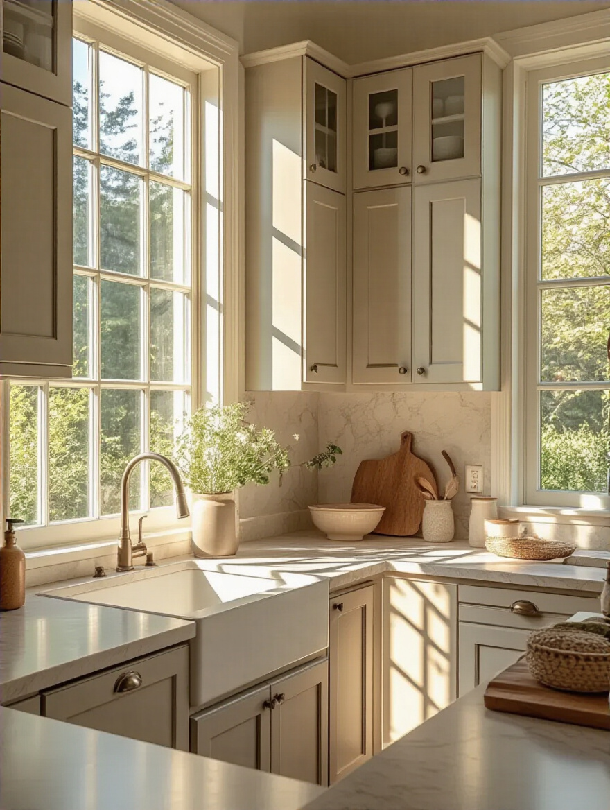 Kitchen cabinets in natural light with warm tones and textures highlighted.