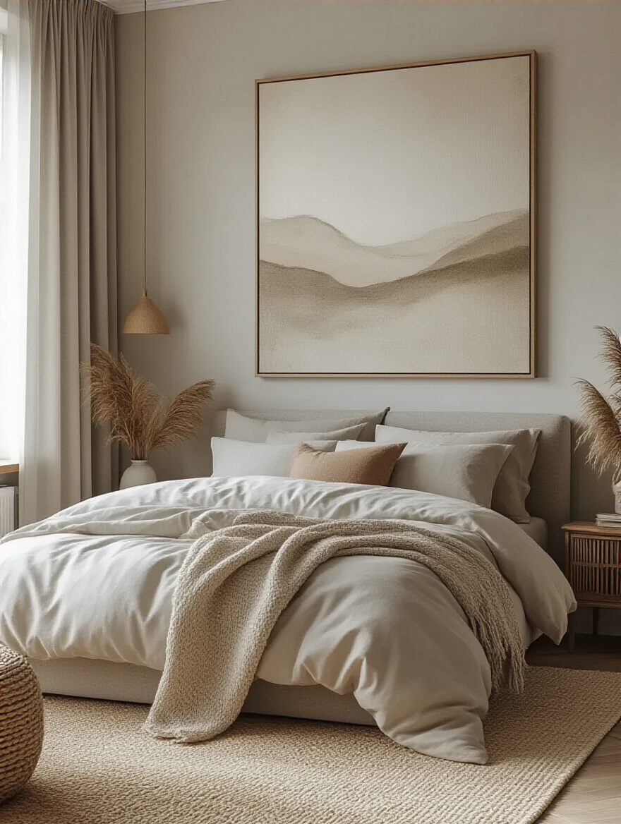 Bedroom wall with perfectly scaled decor above a bed