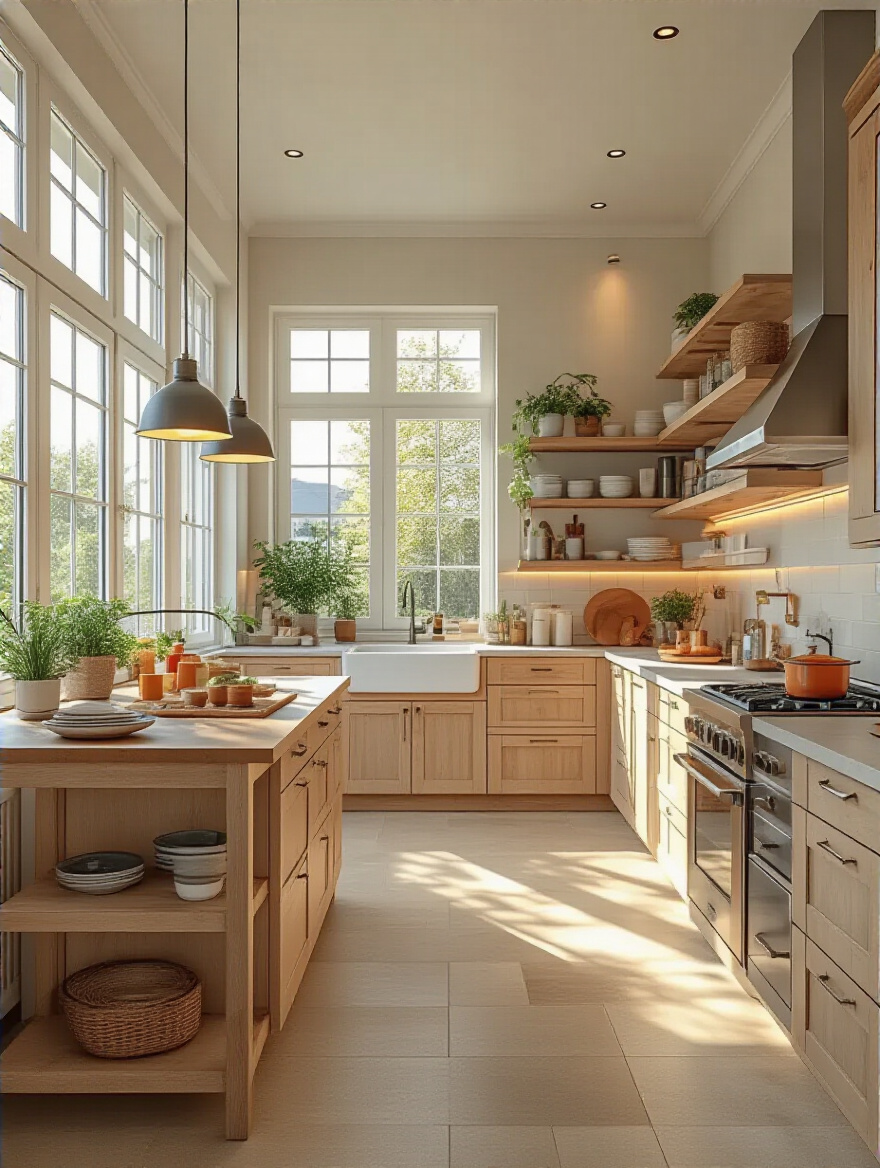 Modern kitchen interior showing optimal furniture placement with clear work zones and spacious walkways