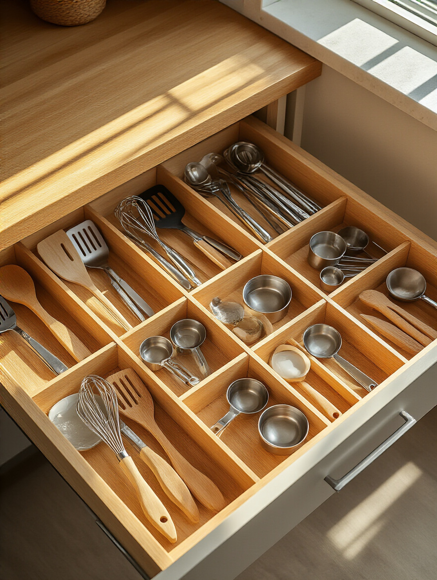 Neatly organized kitchen utensil drawer with bamboo dividers and categorized utensils, viewed from above