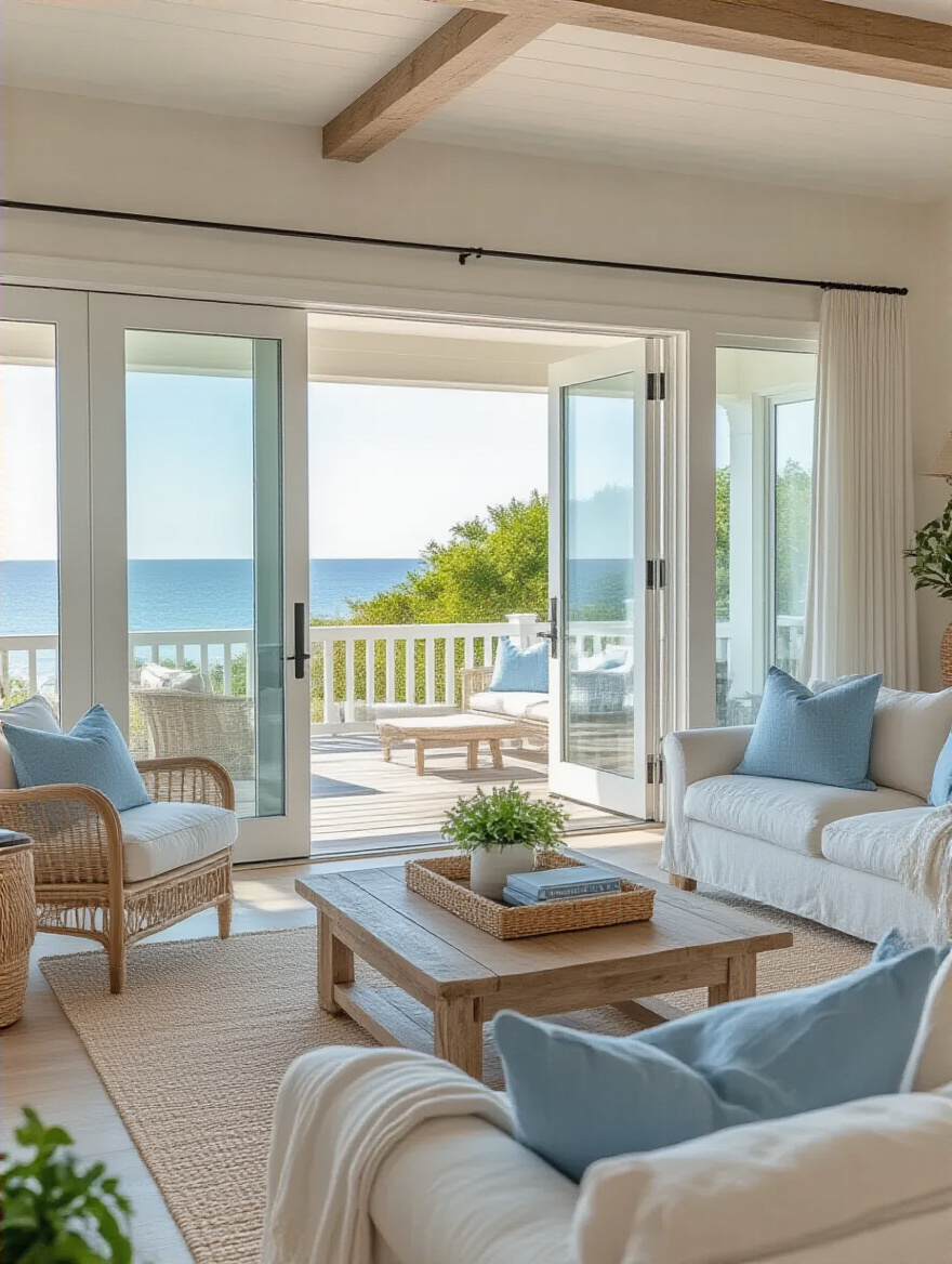 A bright coastal living room with large glass doors opening to an outdoor patio, creating a seamless indoor-outdoor connection.