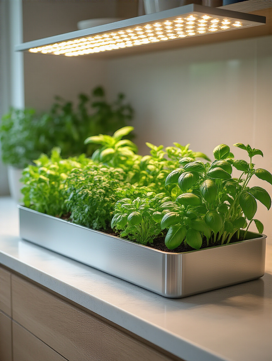 Indoor herb garden oasis on a kitchen island with vibrant green plants.