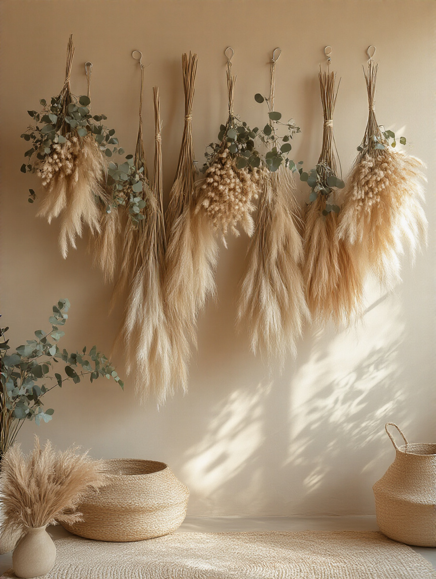 Boho living room wall decorated with suspended dried floral and pampas grass bundles creating a natural textured focal point