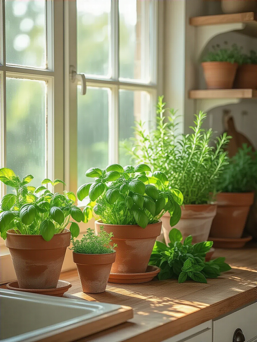 Cozy farmhouse kitchen with fresh herbs and greenery on the windowsill
