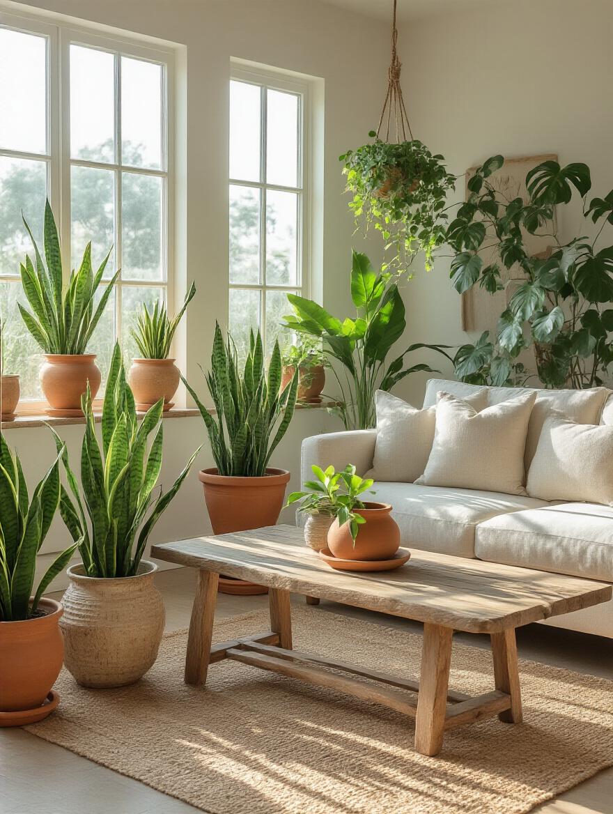 Coastal living room with low-maintenance plants and soft natural lighting