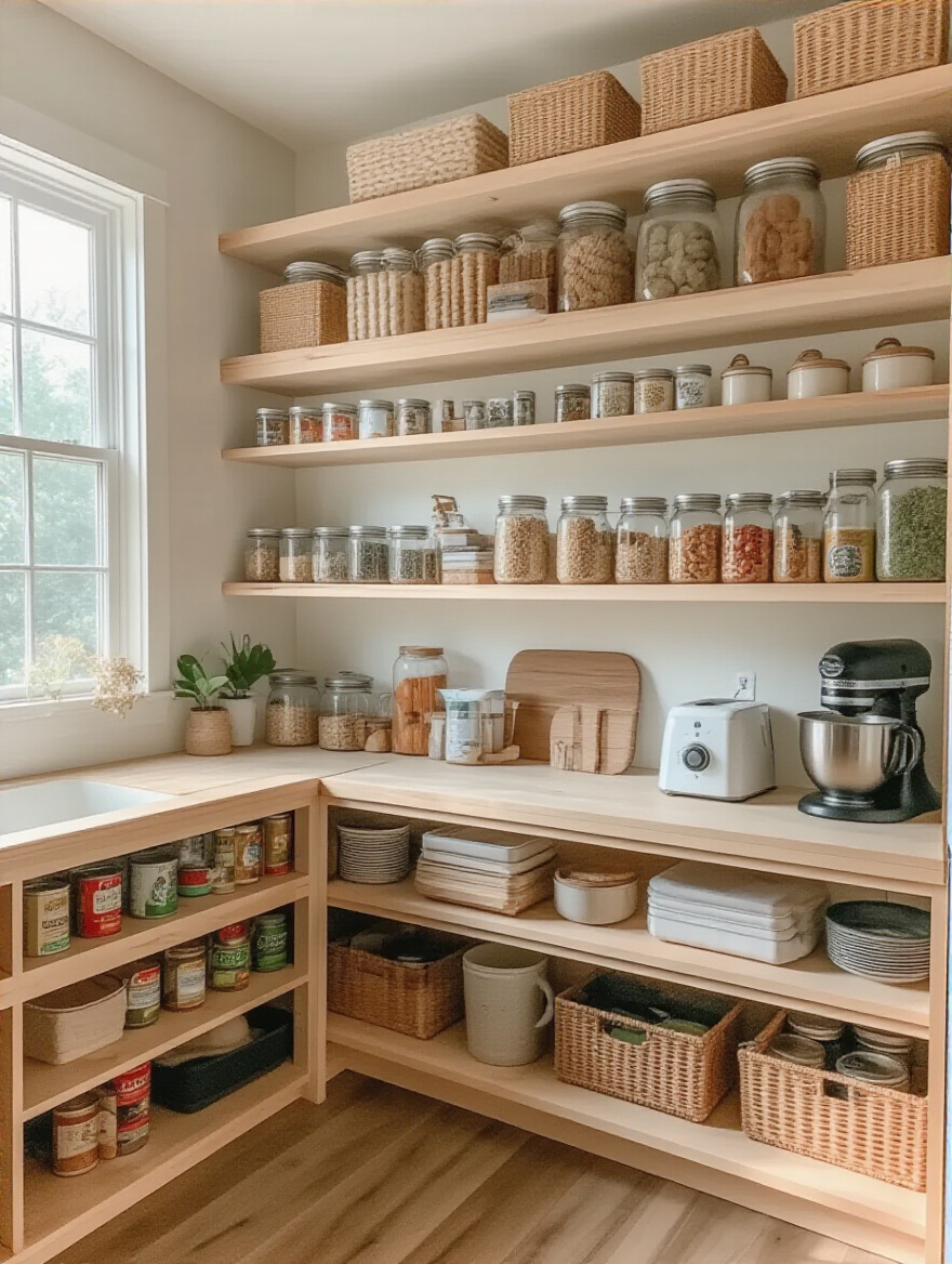 Organized pantry with simple wooden shelving filled with jars and canned goods.