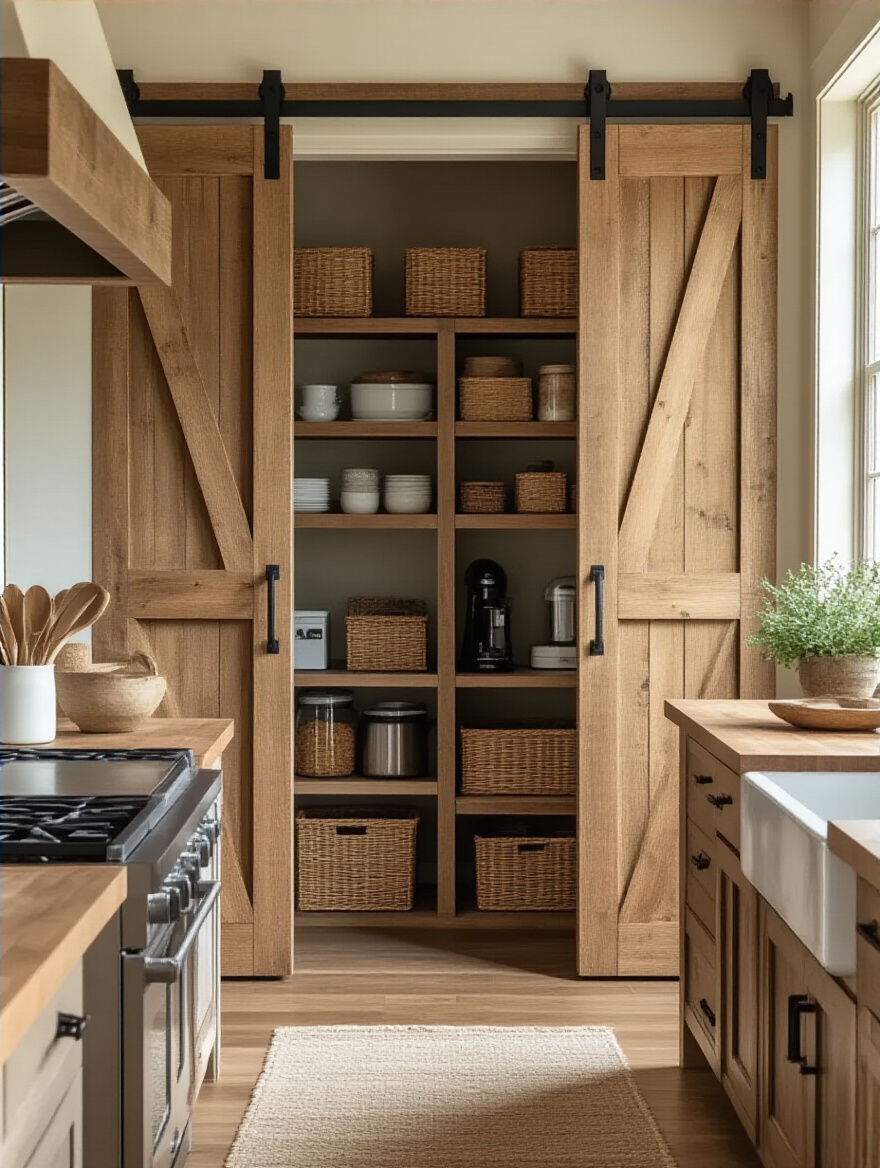 Cozy farmhouse kitchen with a dedicated pantry featuring sliding barn doors