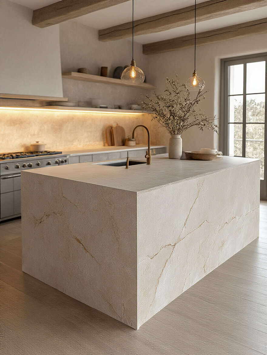 Durable kitchen island countertop made of engineered quartz in a modern kitchen setting.