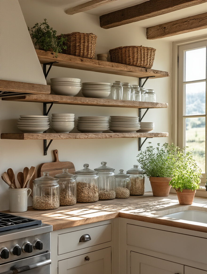 Functional open shelving in a farmhouse kitchen displaying dishware and decorative items