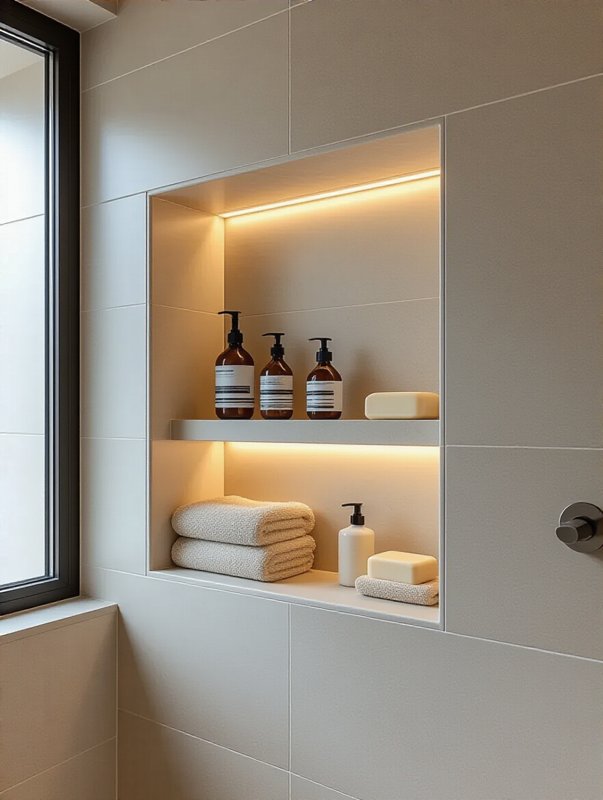 Modern bathroom shower with an integrated recessed wall niche holding toiletries
