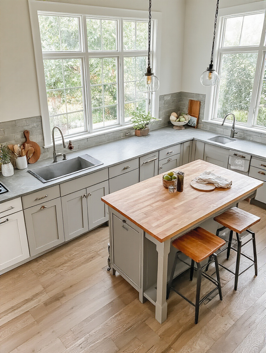 A modern kitchen featuring fixed, movable, and peninsular kitchen islands, showcasing their design and functionality.