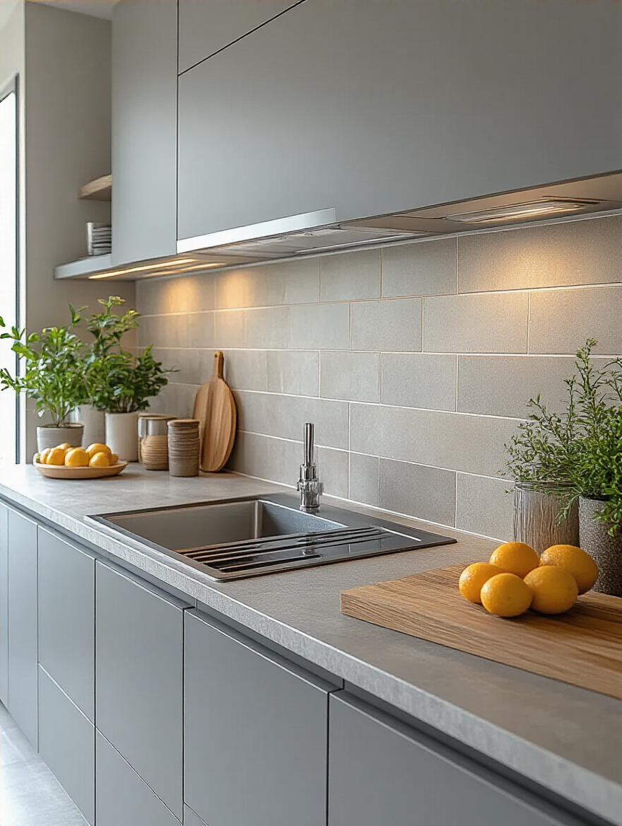 Modern kitchen backsplash with large-format tiles and minimal grout lines creating a seamless surface