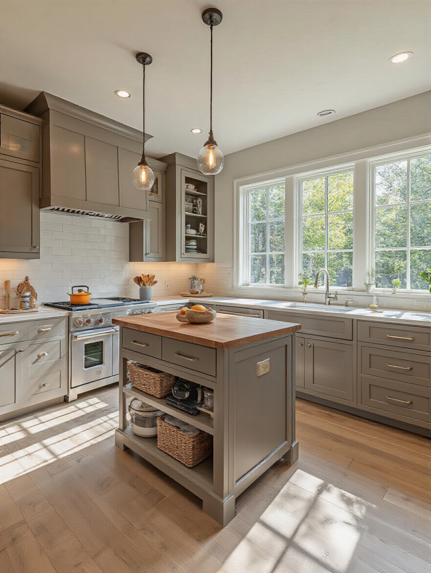 Modern kitchen with a right-sized kitchen island enhancing workspace and storage, well-lit and spacious with clear walkways