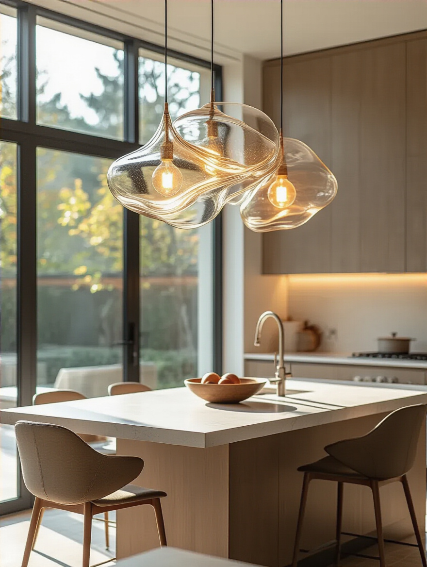 Modern kitchen with a sculptural pendant light hanging over a sleek kitchen island, showcasing artistic lighting design