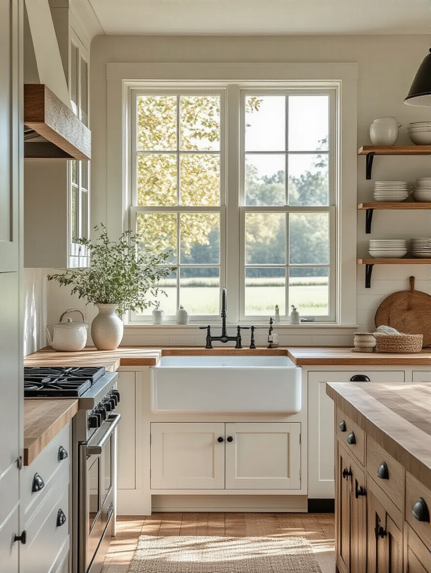 Cozy farmhouse kitchen with Shaker-style cabinets and natural lighting
