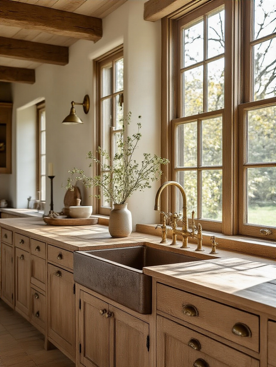 Farmhouse kitchen showcasing unlacquered brass and cast iron hardware with a warm ambiance.