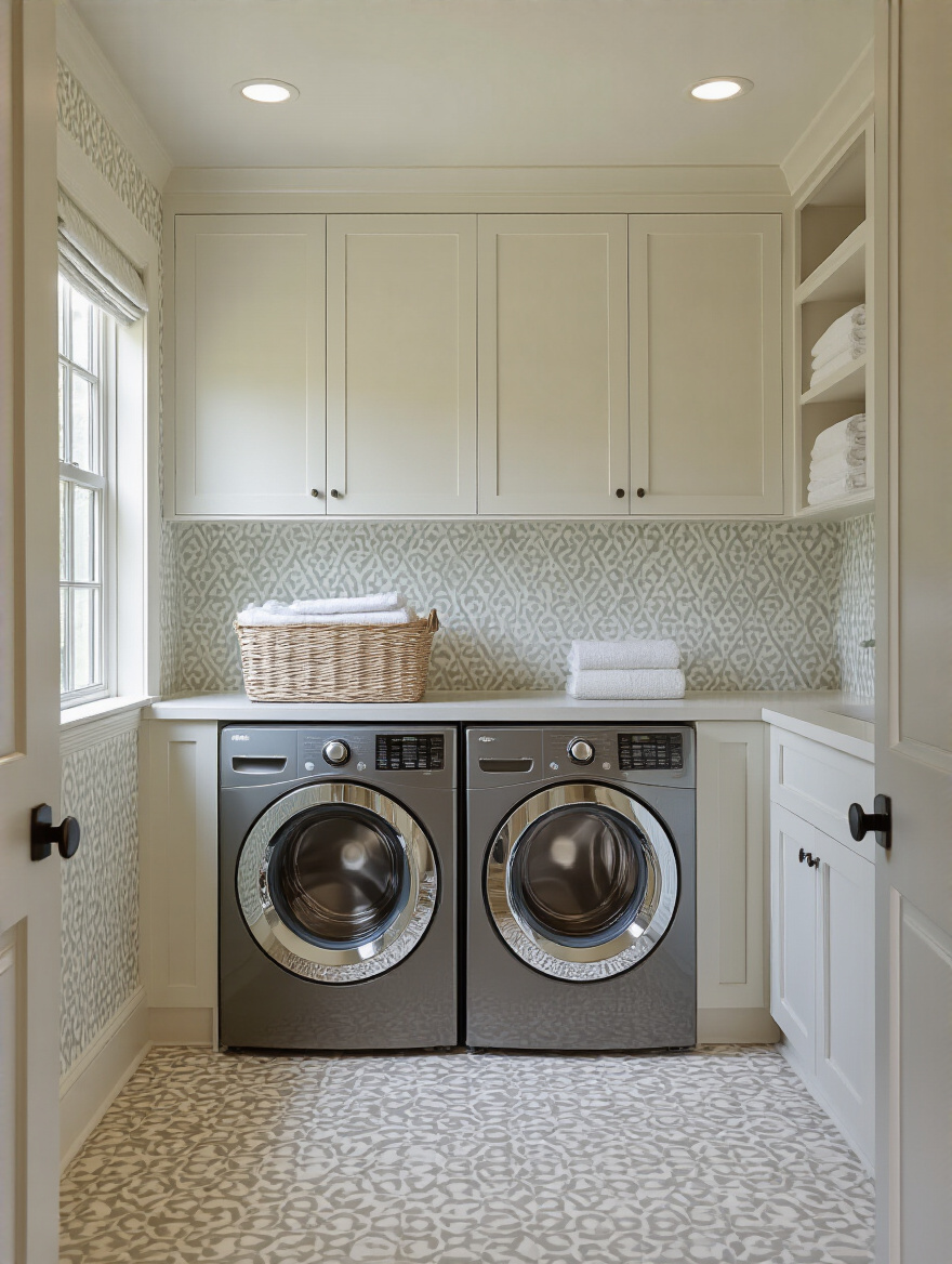 Portrait image of a stylish laundry room with wallpaper featuring a subtle geometric pattern scaled appropriately to the room size