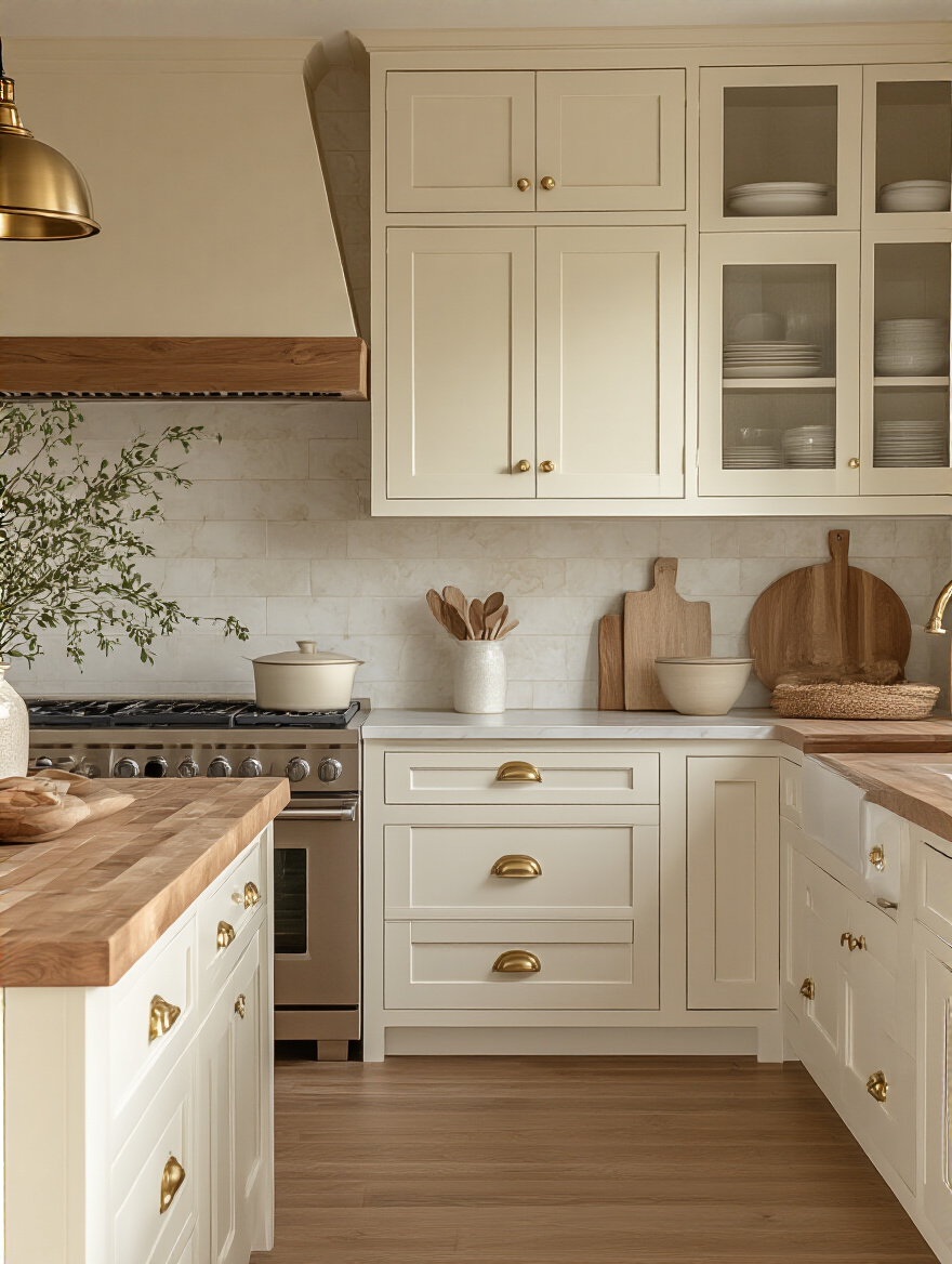 Warm cream and off-white kitchen cabinets with natural wood accents