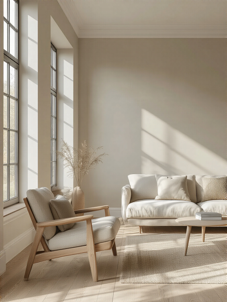 Modern living room wall painted with light greige eggshell finish showcasing optimal light reflection and brightness