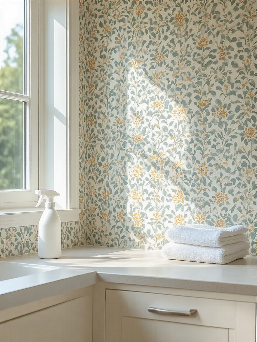 Clean vinyl wallpaper in a laundry room with mild soap cleaning supplies on a countertop, well-lit and pristine wall surface