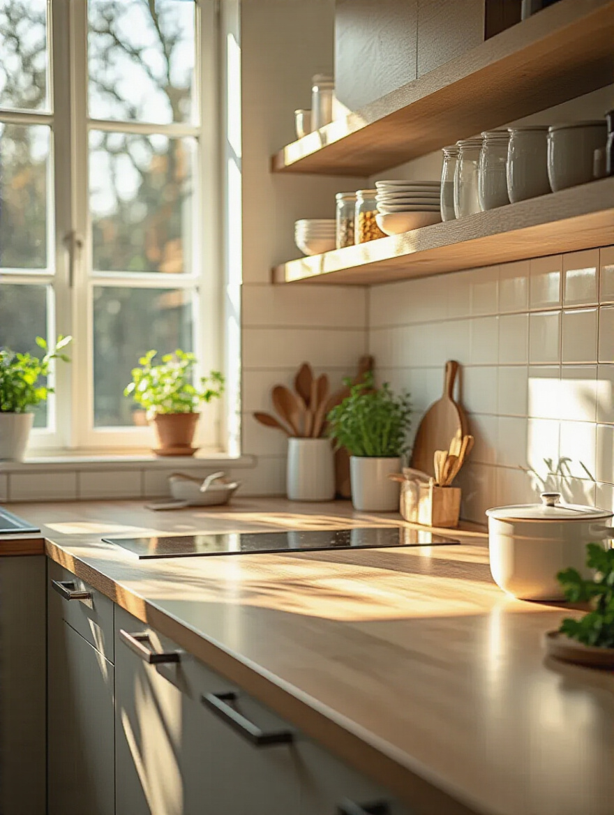 Modern kitchen countertop completely clear of clutter with natural light, showcasing a clean and organized cooking space promoting productivity and calm