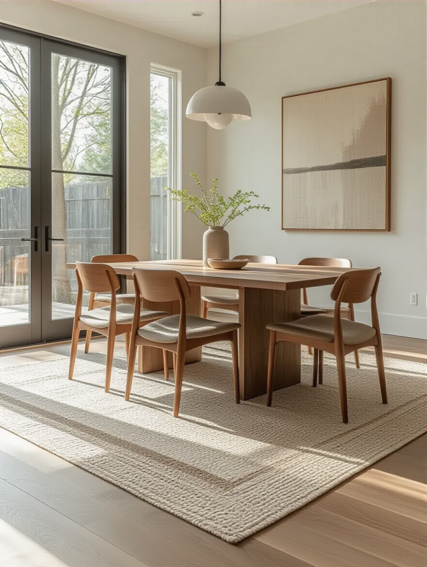 Modern dining room with a well-placed rectangular rug clearly defining the dining area in an open-concept home