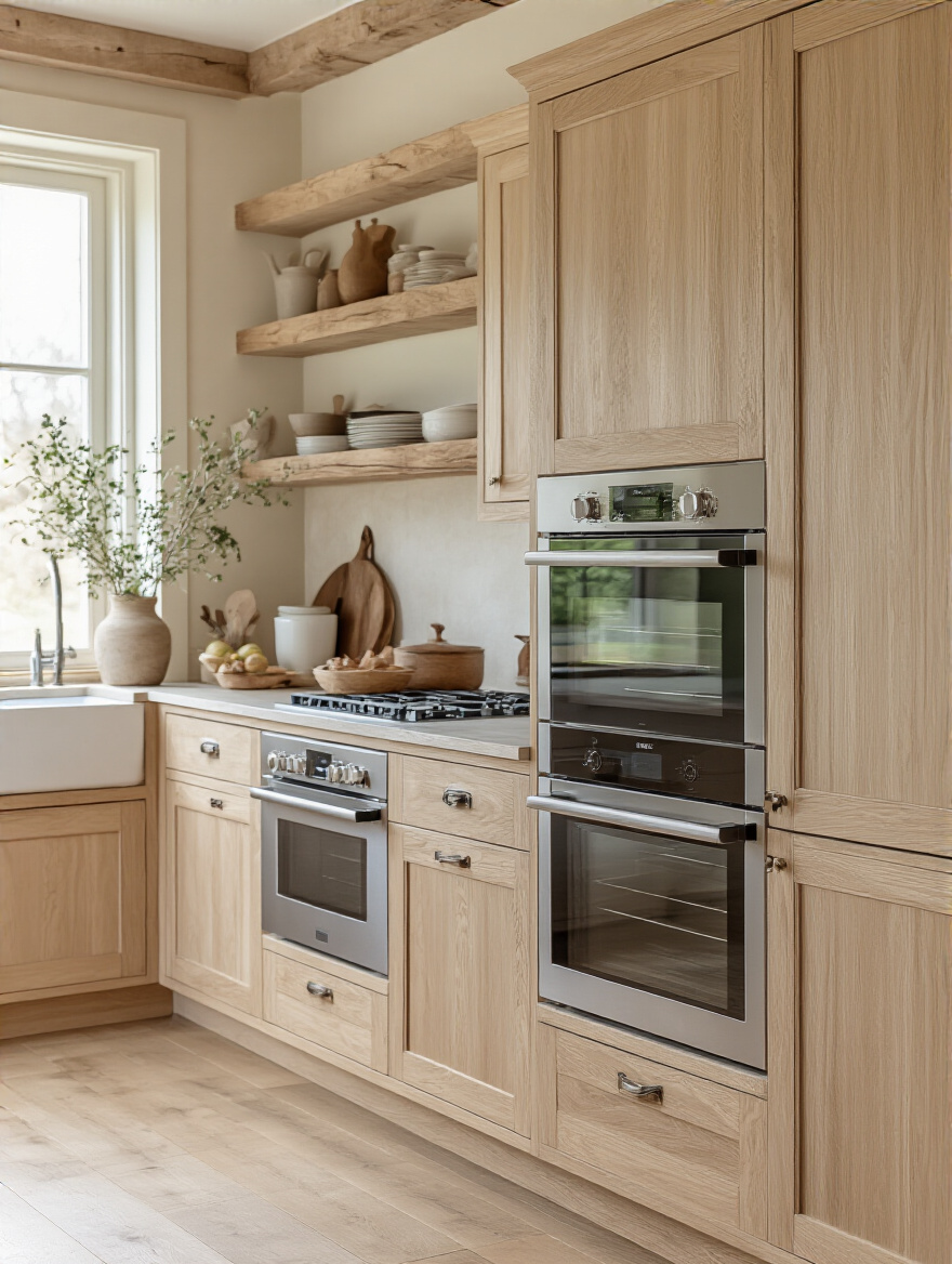 Cozy farmhouse kitchen with modern appliances concealed behind integrated panels
