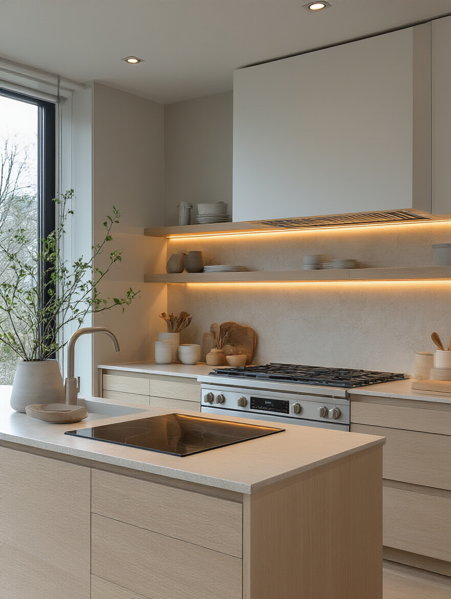 Modern minimalist kitchen with concealed range hood integrated into cabinetry showing seamless design
