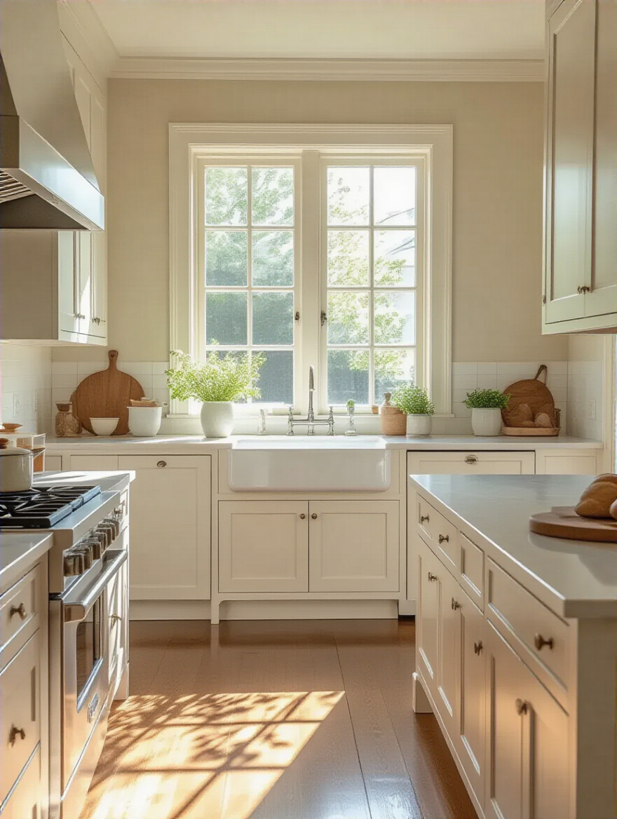 A modern kitchen with freshly painted walls, trim, and cabinetry showcasing a clean and inviting aesthetic.