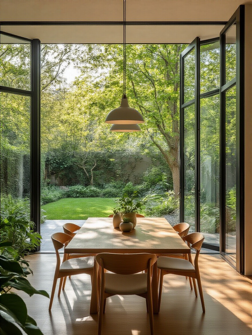 Modern dining room with large glass openings connecting to lush outdoor garden, natural light flooding the space
