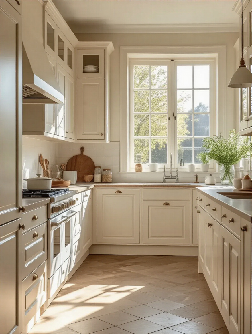 Modern kitchen with off-white cabinets and natural lighting
