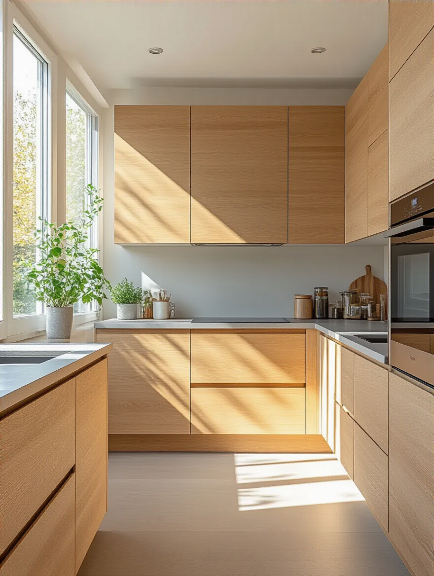Modern kitchen featuring light wood cabinetry with natural sunlight and minimalist design.