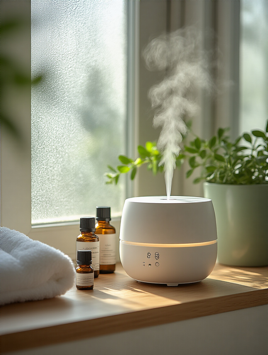 Ultrasonic scent diffuser on wooden bathroom countertop with essential oils and soft natural lighting creating relaxing ambiance
