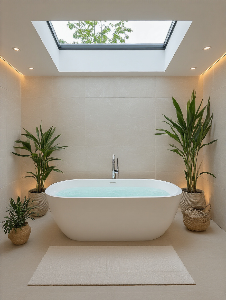 Modern bathroom with a sleek white freestanding bathtub under a skylight, minimalist design, natural lighting