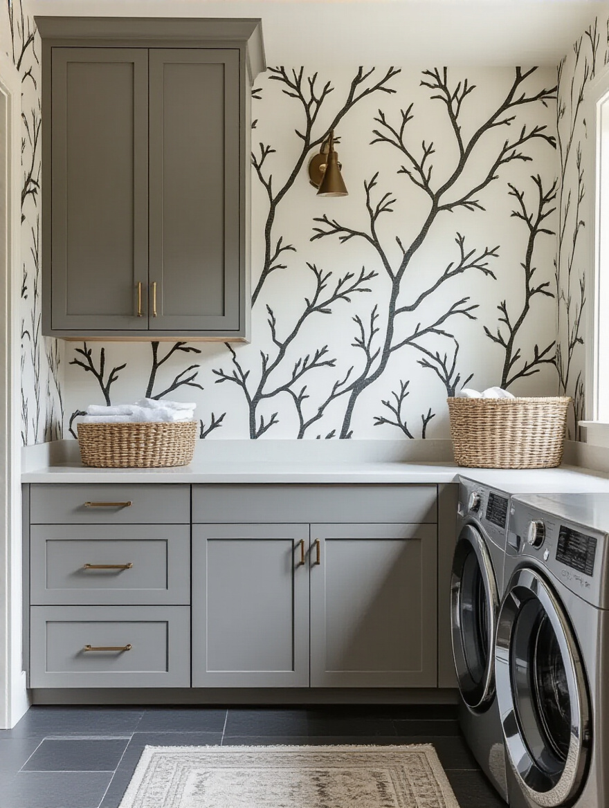 Laundry room with wallpaper coordinated perfectly with cabinetry and flooring finishes