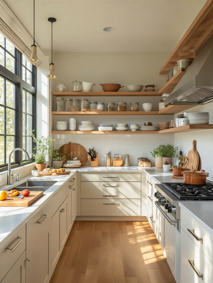 Modern kitchen with clearly defined functional kitchen zones for prep, cooking, and storage with organized countertops and cabinets, no people