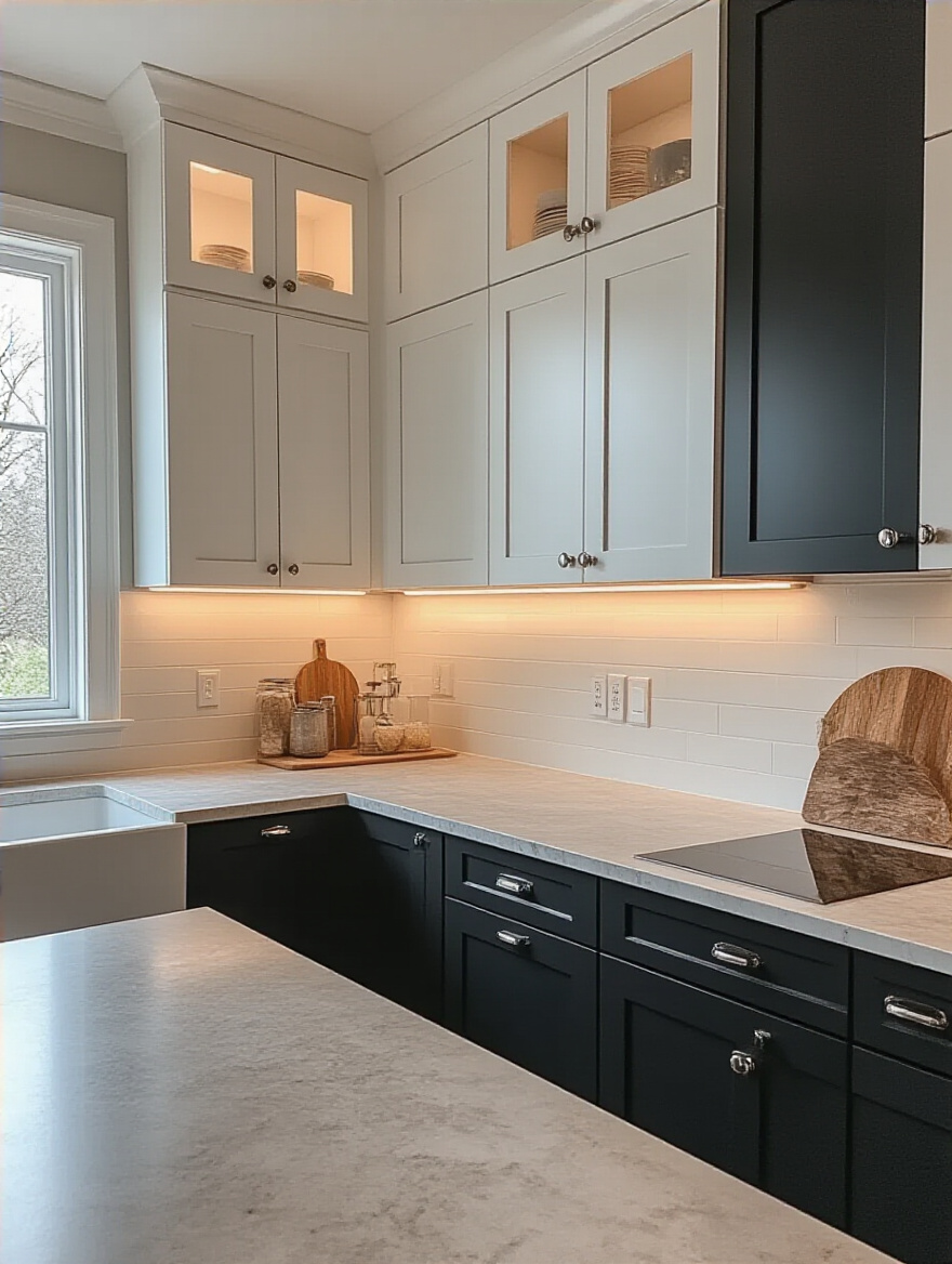 Stylish kitchen with dark lower cabinets and light upper cabinets showcasing contrast in design.