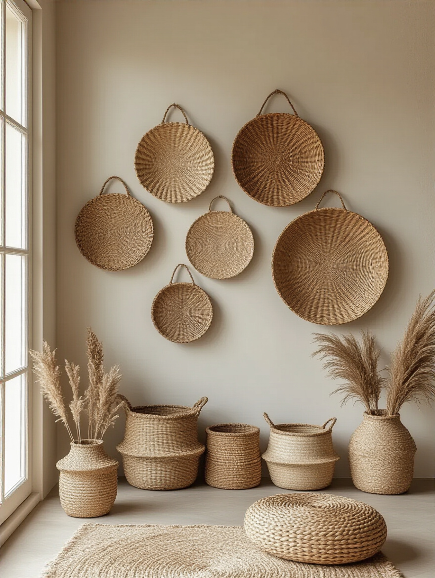 Boho living room wall gallery featuring woven decorative baskets of various sizes and patterns arranged on a neutral wall