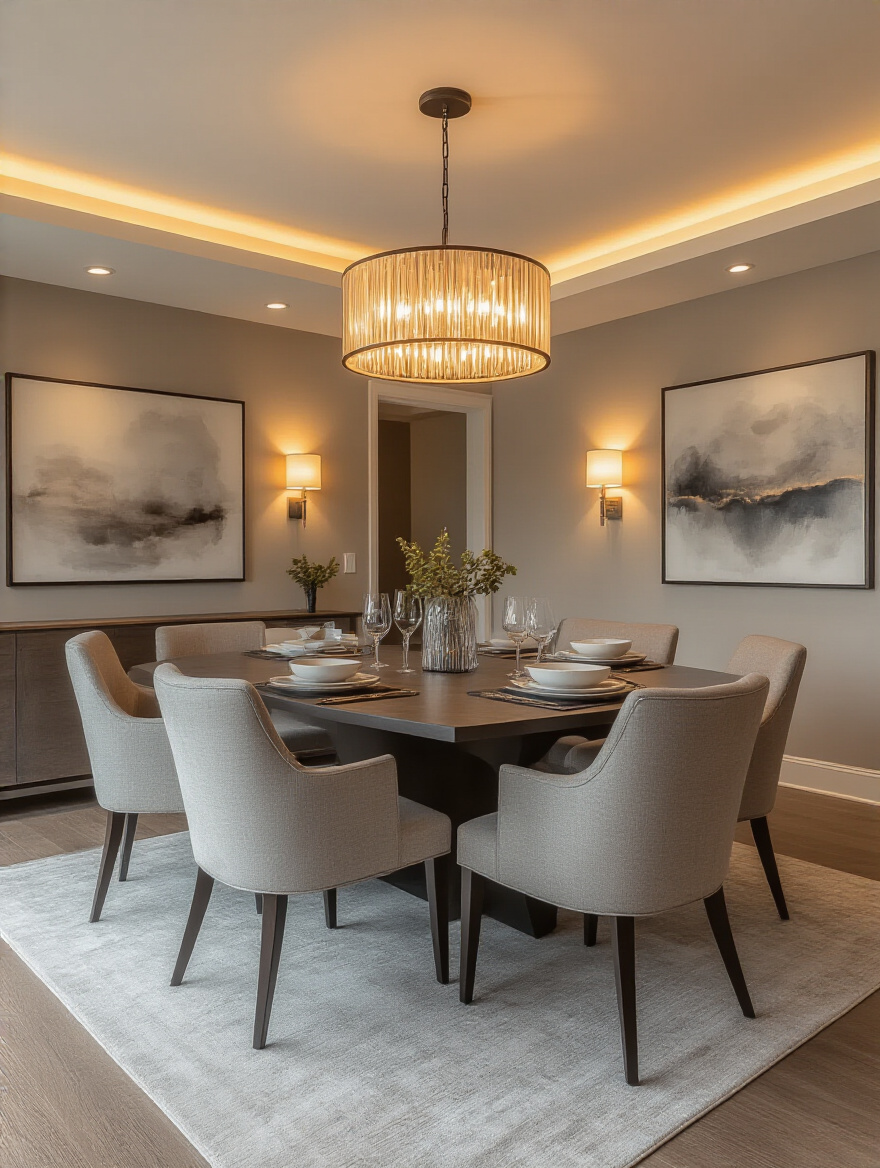 Modern dining room with layered dimmable lighting creating a warm ambiance