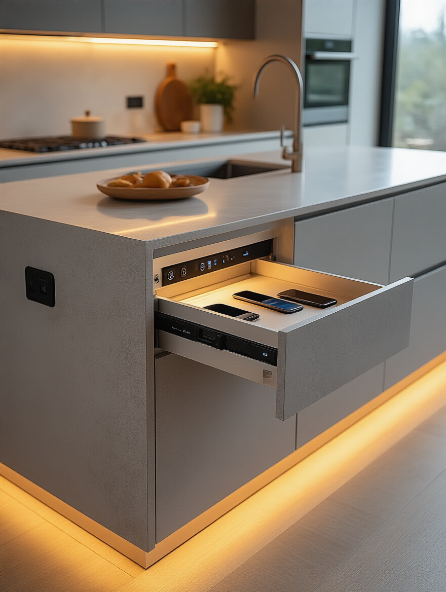Modern kitchen island with hidden charging stations and retractable outlets