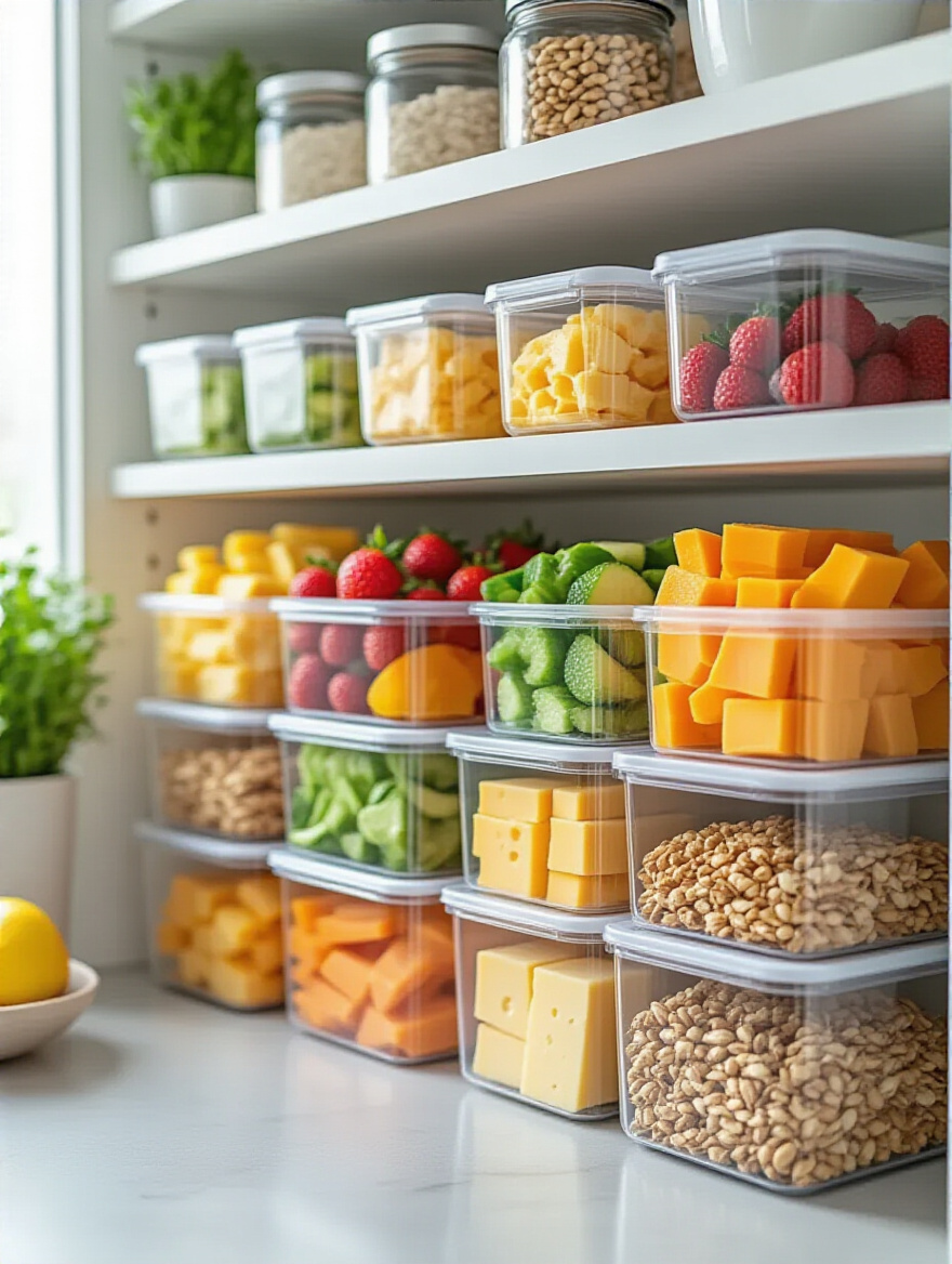 Organized grab-and-go snack station in a kitchen pantry with clear containers of healthy snacks